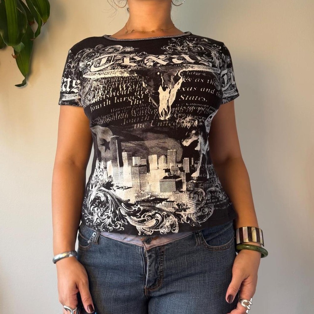 Big Bang Clothing Texas Rhinestone Graphic Baby Tee Black Y2K Grunge Large